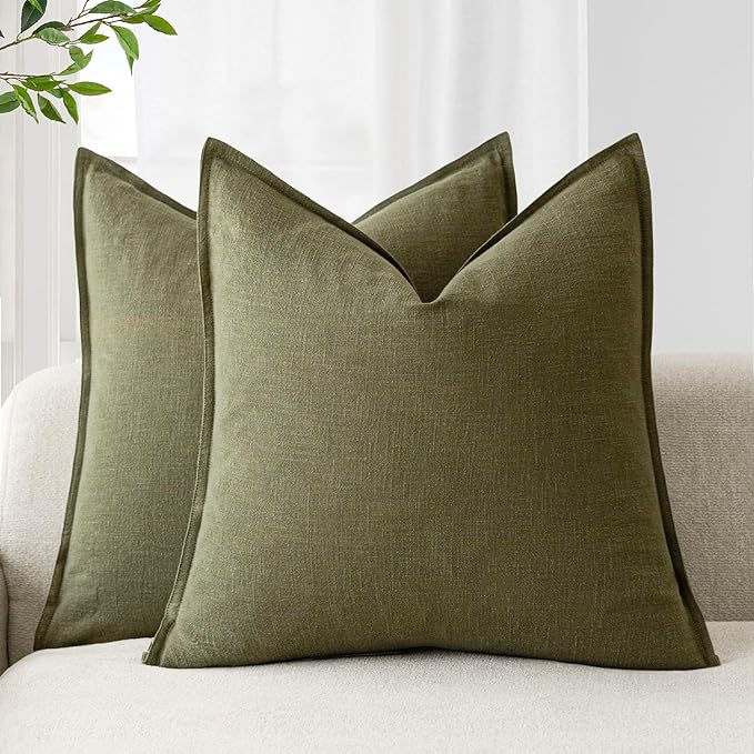 Foindtower Pack of 2, Decorative Linen Soild Throw Pillow Covers Soft Accent Cushion Case Boho Farmhouse Pillowcase for Chair Couch Sofa Bedroom Living Room Home Decor 20 x 20 Inch Olive Green