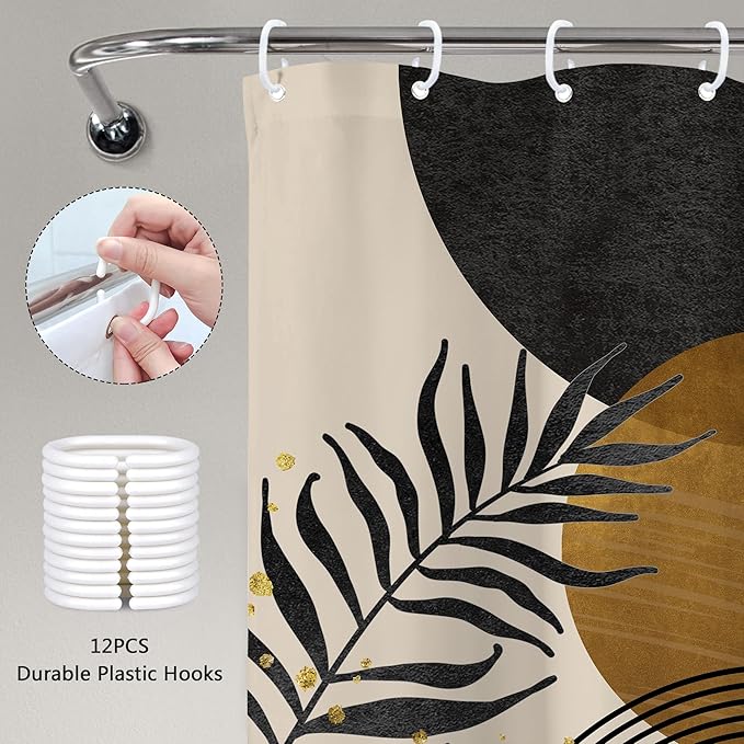Black Boho Shower Curtain 60Wx72H Modern Bohemian Abstract Brown Tan Mid Century Gold Leaves Plant Botanical Arch Bathroom Decor Minimalist Geometric Bath Curtain Fabric Polyester 12 Pack Hooks