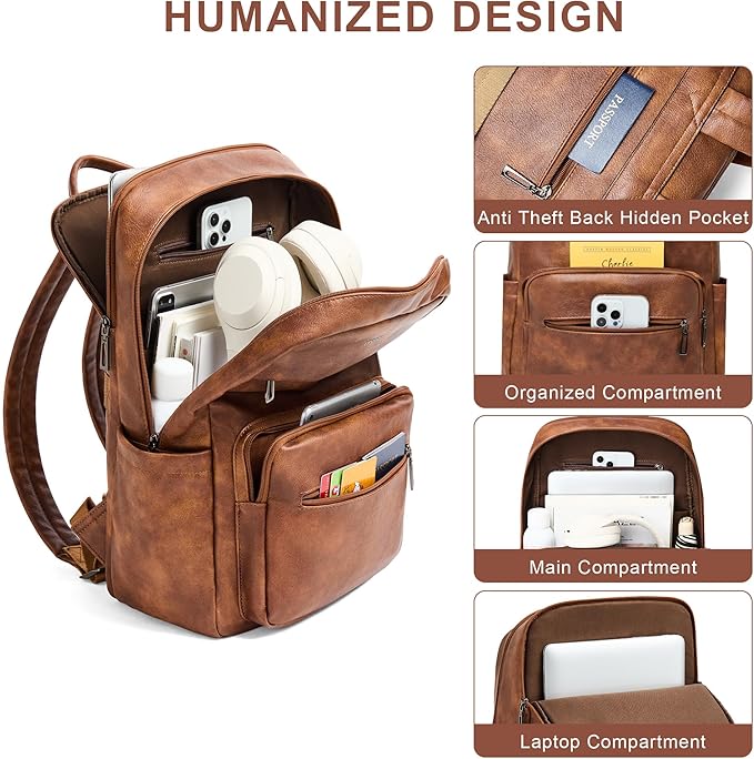 Leather Laptop Backpack for Women 15.6 Inch Laptop Travel Backpack Purse Casual Daypack with Laptop Compartment for College Work Nurse Business Weekender, Brown