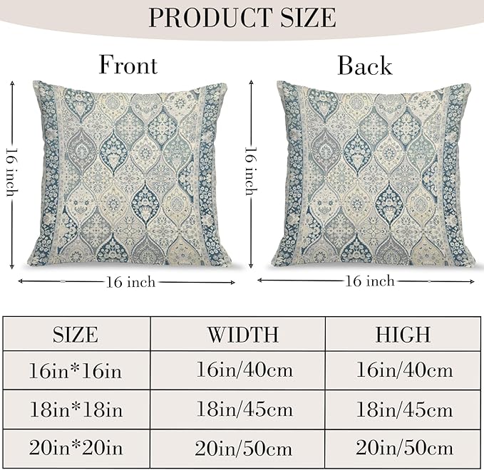Boho Floral Throw Pillow Covers 16x16 inch Set of 2,Blue Boho Rug Geometric Floral Pattern Decor Double Sided Pattern Cushion Cover Soft Pillow Case Living Sofa Room Bed Square Pillow Cover