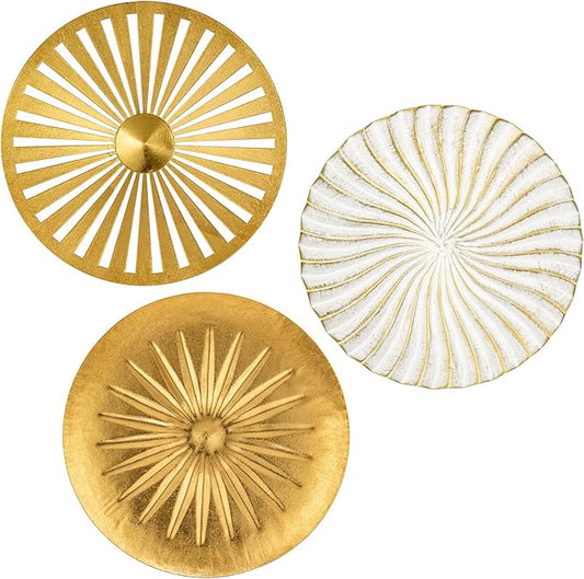 Briful 12" Wall Décor Pack of 3 Metal Gold & White Washed Starbursts Radial Plate Wall Art Modern Accent Hanging Wall Decorations For Home Office Bedroom Or Living Room Wall Sculptures