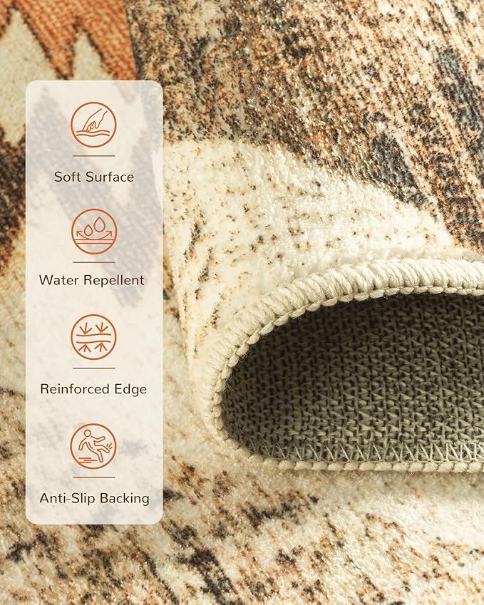 Area Rug 4x6 Rug Machine Washable Non-Slip Low Pile Print Pattern Western Rug for Living Room Bedroom Entryway Tribal Series -Cream/Camel