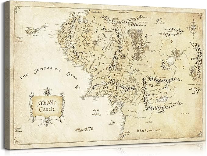 Middle Earth Map Wall Art Canvas Print - Fantasy Map of Middle Earth - 16''H x 24''W with Inner Wooden Frame - Lightweight & Easy to Hang - Perfect for Bedroom, Game Room Decor