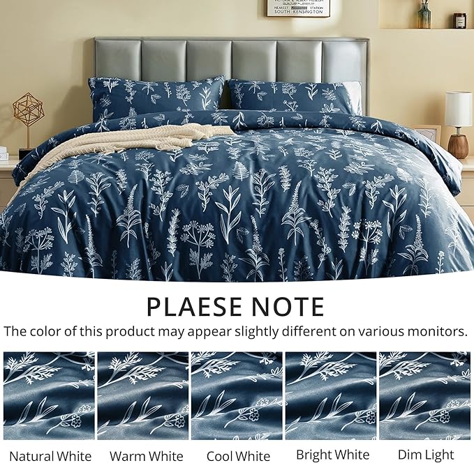 MUXHOMO Duvet Cover Queen Size, Reversible Floral Navy Duvet Cover Set with Zipper Closure, 3 Pieces Botanical Patterns Soft Microfiber Bedding Set with 4 Ties (90"x90", 2 Pillow Cases)