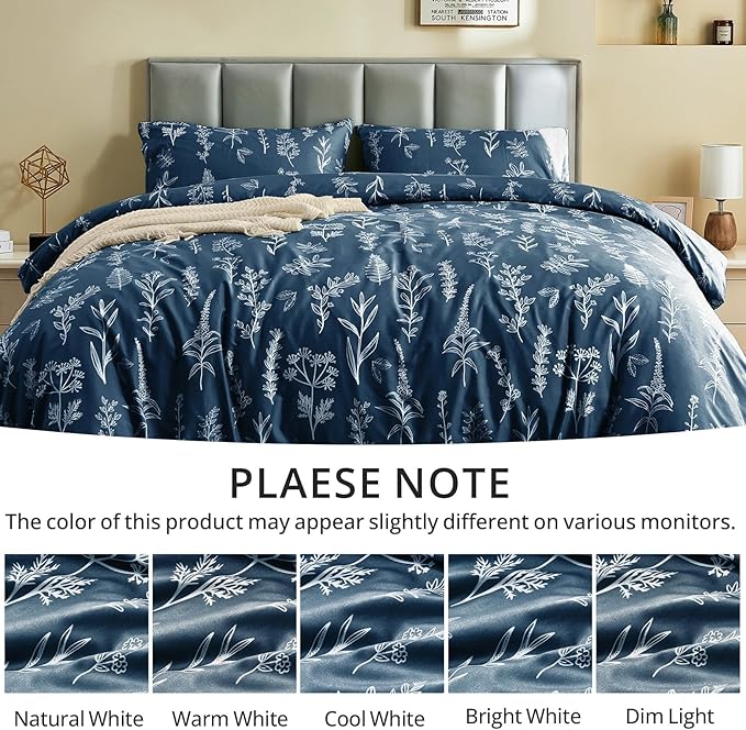 MUXHOMO Duvet Cover Full Size, Reversible Floral Navy Duvet Cover Set with Zipper Closure, 3 Pieces Botanical Patterns Soft Microfiber Bedding Set with 4 Ties (80"x90", 2 Pillow Cases)