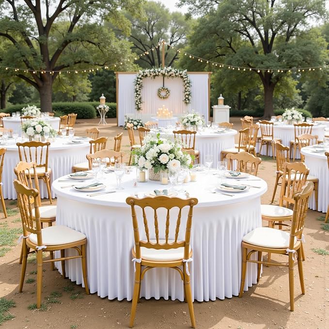 Outpain 4 Pack White Spandex Tablecloth for 72in/6FT Round Tables, Wrinkle Free Tablecloth with Skirt for Wedding, Graduation & Banquet
