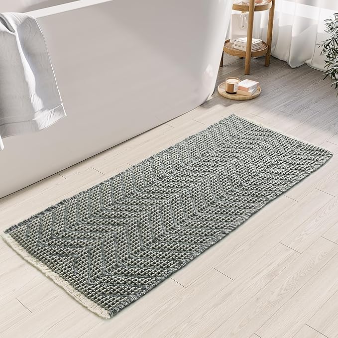 Bath Rugs Boho Bath Mat,Upgraded Waffle Bath mat,Super Absorbent Non Slip Bath Rugs,Machine Washable Rugs for Shower Room, Rubber Backing Bath Mats, Ultra Soft,Bluish Grey & Yellow,19"*48"