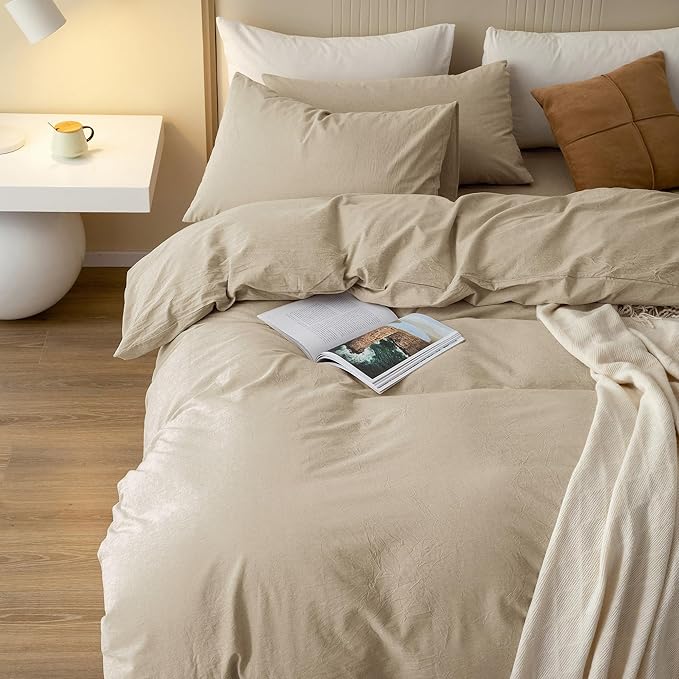 JIYUAN 100% Washed Cotton Duvet Cover Set 3 Pieces Full, 1 Duvet Cover 80x90 Inches(Comforter Not Included) and 2 Pillowcases,Linen Feel Bedding Set Comfy and Breathable, Heathered Tan