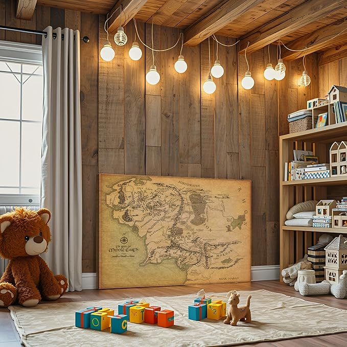 Middle Earth Map Wall Art Canvas Print - Fantasy Map of Middle Earth - 24''Hx36''W with Inner Wooden Frame - Lightweight & Easy to Hang - Perfect for Bedroom, Game Room Decor