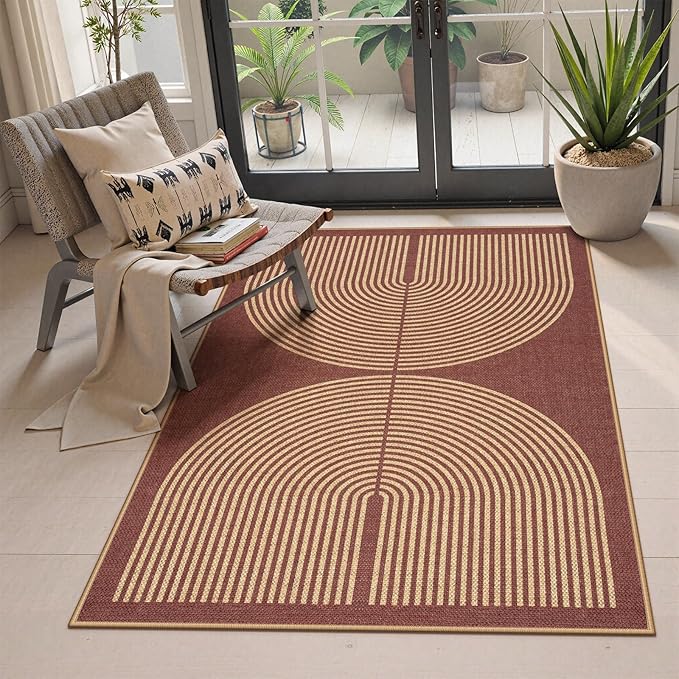 Lahome Modern Rainbow Easy Jute Patio Rug, 3x5 Washable Entry Way Rugs Indoor for Living Room Dorm, Farmhouse Red Indoor Outdoor Carpet for Entryway Deck Porch