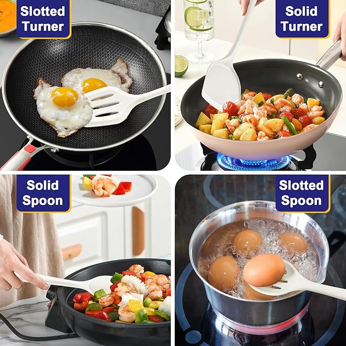 P&P CHEF Kitchen Utensil Set, 4 Pieces Non-stick Silicone Cooking Utensils, Heat-resistant Slotted Solid Spoon Turner for Frying, Mixing, Serving, Non-toxic & Easy to Clean, White