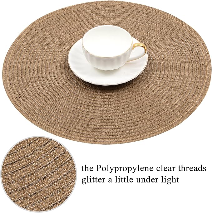 SHACOS Round Braided Placemats Set of 8 Washable 15 inch Round Table Mats Woven Place Mats for Dining Table (Brown, 8)