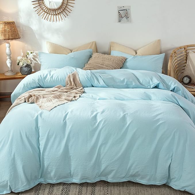 MooMee Bedding Duvet Cover Set 100% Washed Cotton Linen Like Textured Breathable Durable Soft Comfy (Heathered Light Blue, Full 80"x90")