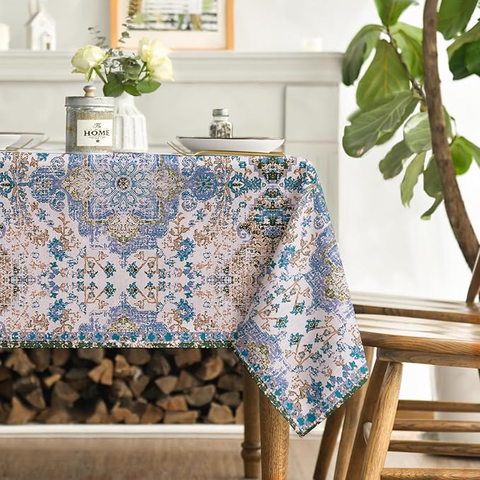 Horaldaily Boho Bohemia Style Tablecloth 60x84 Inch Rectangular, Vintage Country Rustic Farmhouse Magical Fall Blue Washable Seasonal Table Cover for Party Picnic Dinner Decor