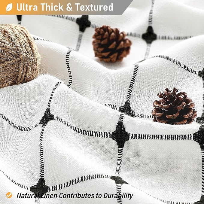 BTTN Extra Long Shower Curtain - 72x84 Inch Long Boho Chic Tassel Linen Fabric Shower Curtain Set with Hooks, Modern Farmhouse Elegant Heavy Duty Cloth Shower Curtains for Bathroom - White and Black