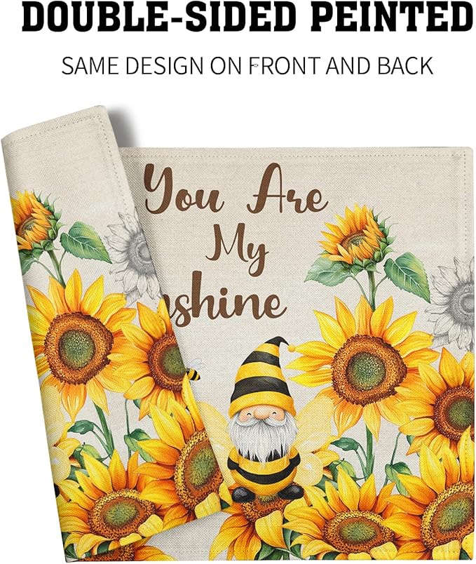 Giwawa Bee Gnomes Placemats Set of 4, 12x18 Inch Vintage Summer Sunflowers Linen Place Mat, Sunshine Floral Heat Resistant Washable Table Mats Kitchen Dining Seasonal Farmhouse Decor