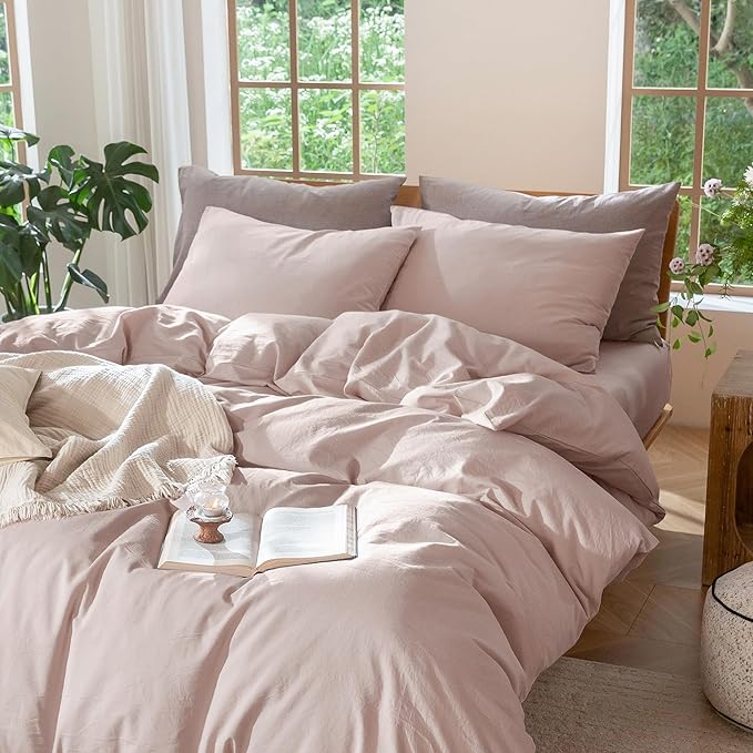 MooMee Bedding Duvet Cover Set 100% Washed Cotton Linen Like Textured Breathable Durable Soft Comfy (Heathered Greyish Pink, King 104"x90")