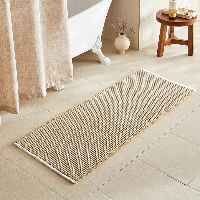 Waffle Runner Rug Bathroom, Long Boho Bathroom Rugs Non Slip Washable Super Absorbent Quick Dry Farmhouse Bath Decor, 60"x24" Khaki and White