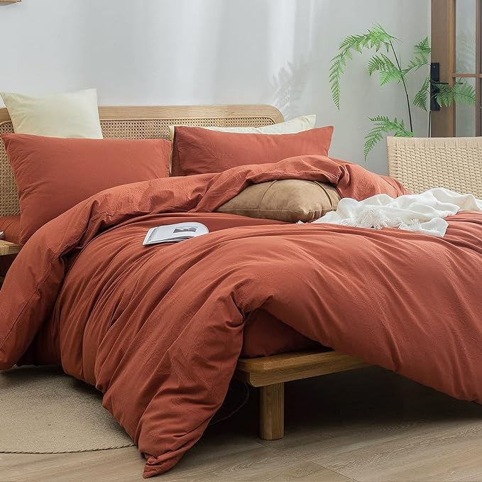 BESTOUCH Duvet Cover Set 100% Washed Cotton Linen Feel Super Soft Comfortable Chic Lightweight 3 PCs Home Bedding Set Solid Crimson Red Cal King