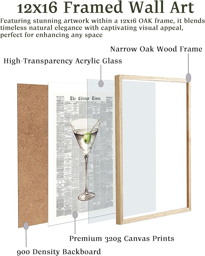 EcoHest Trendy Newspaper Martini Framed Wall Art, 12x16 in OAK Wood Retro Bar Cart Canvas Art, Magazine Aesthetic Apartment Art, Beige Logs Funky 70's Set of 1 for Bedroom Living Room