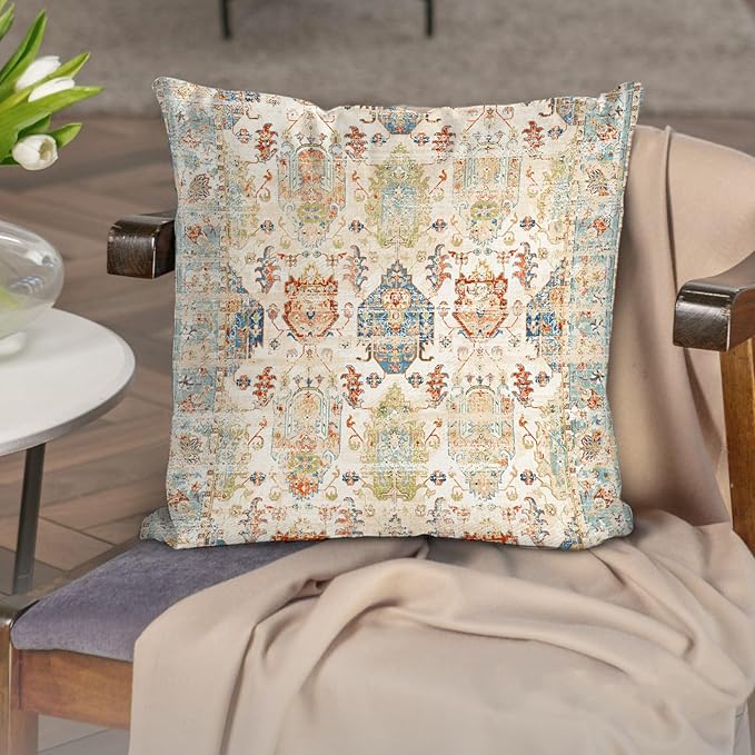 Boho Floral Throw Pillow Covers 16x16 inch Set of 2,Beige Boho Rug Geometric Floral Pattern Decor Double Sided Pattern Cushion Cover Soft Pillow Case Living Sofa Room Bed Square Pillow Cover