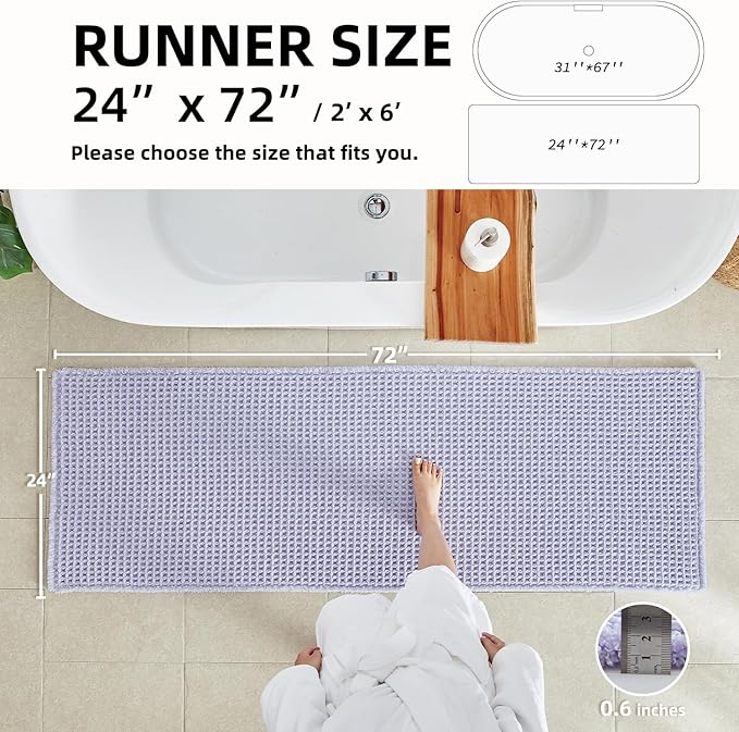 Waffle Runner Rug Bathroom, Boho Bathroom Rugs Non Slip Washable Long Super Absorbent Quick Dry Cute Bath Mat Farmhouse Bath Mat, 72''x24'' Lavender Cream