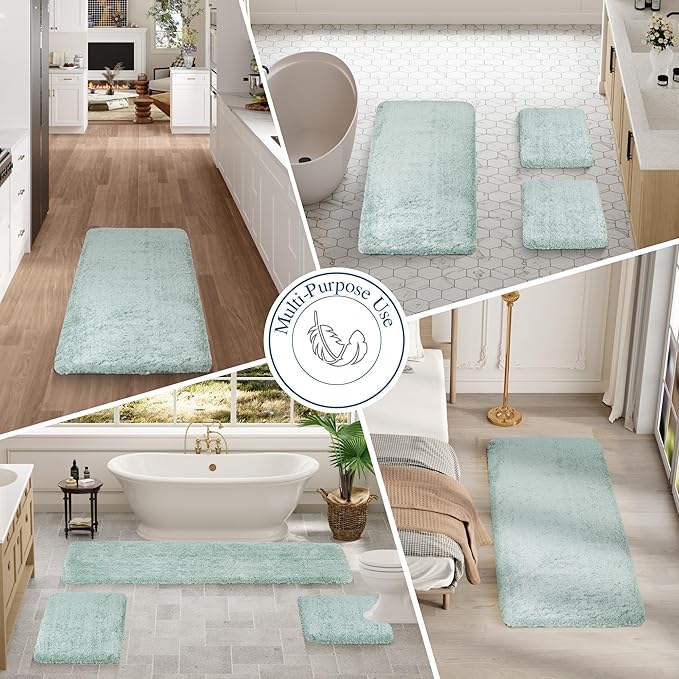 Walensee Contour Rug (20x24, Aqua) Non Slip Bath Mat, Soft Microfiber Shaggy Mat, Machine Washable, U Shape Toilet Rug