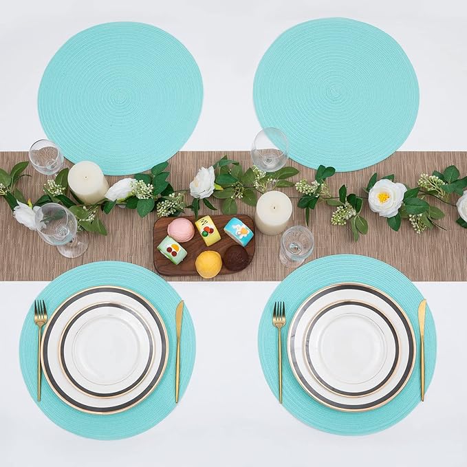 SHACOS Round Placemats Set of 6 Washable 15 inch Round Table Mats Cotton Polyester Woven Braided Place Mats for Dining Table (Aqua, 6)