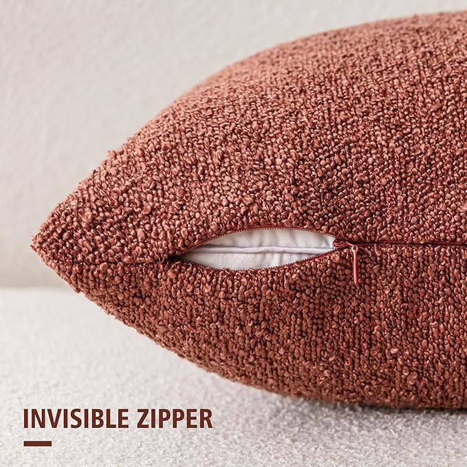 Foindtower Set of 2, Decorative Textured Boucle Throw Pillow Covers Accent Solid Pillow Cases Neutral Cozy Couch Cushion Case for Chair Sofa Bedroom Living Room Home Decor 26x26 Inch Orange Rust Red