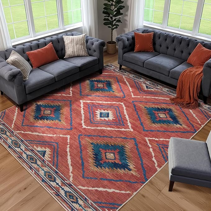 Area Rug 6x9 Rug Machine Washable Non-Slip Low Pile Print Pattern Western Rug for Living Room Bedroom Entryway Tribal Series -Red/Orange