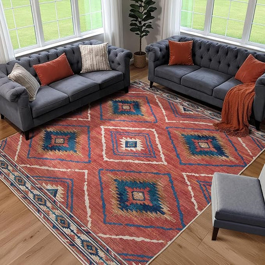 Area Rug 6x9 Rug Machine Washable Non-Slip Low Pile Print Pattern Western Rug for Living Room Bedroom Entryway Tribal Series -Red/Orange