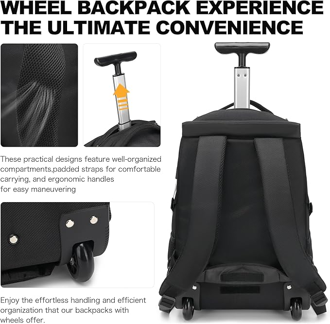 Boavan Rolling Backpack,17 inch Water Resistant Wheeled Backpack,Carry on Luggage Business Bag, Overnight College Computer Trolley Suitcase for Men Women Adults to Travel，Black