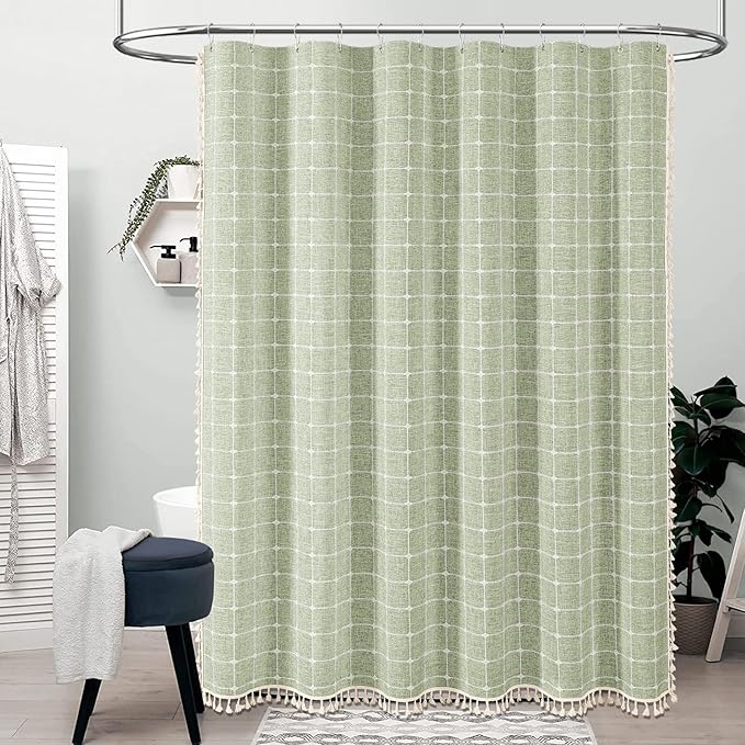 BTTN Extra Long Shower Curtain - 72x96 Inch Long Large Boho Linen Fabric Shower Curtain Set with Plastic Hooks, Tall Bohemian Farmhouse Rustic Vintage Cloth Shower Curtains for Bathroom - Sage Green