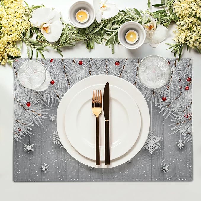 Giwawa Winter Snowflakes Placemats Set of 4 Christmas Silver Snows Xmas Tree Red Berries Linen Table Place Mats Seasonal Non-Slip Heat Resistance 12"x18" for Dining Kitchen Holiday New Year Decor