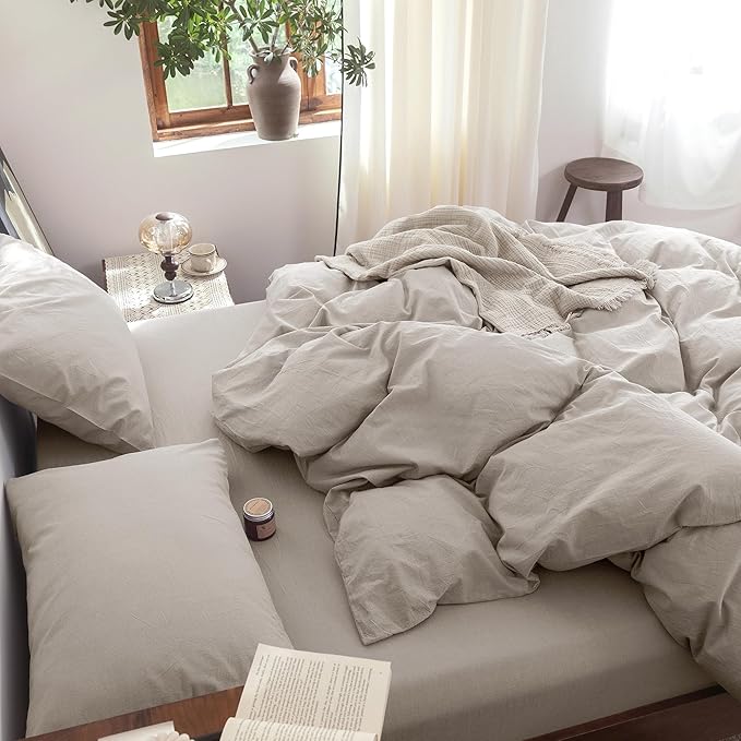 FOSSA Duvet Cover Set 100% Washed Cotton Linen Feel Super Soft Breathable Cozy 3 Pieces Bedding Sets Solid Cream Grey Queen