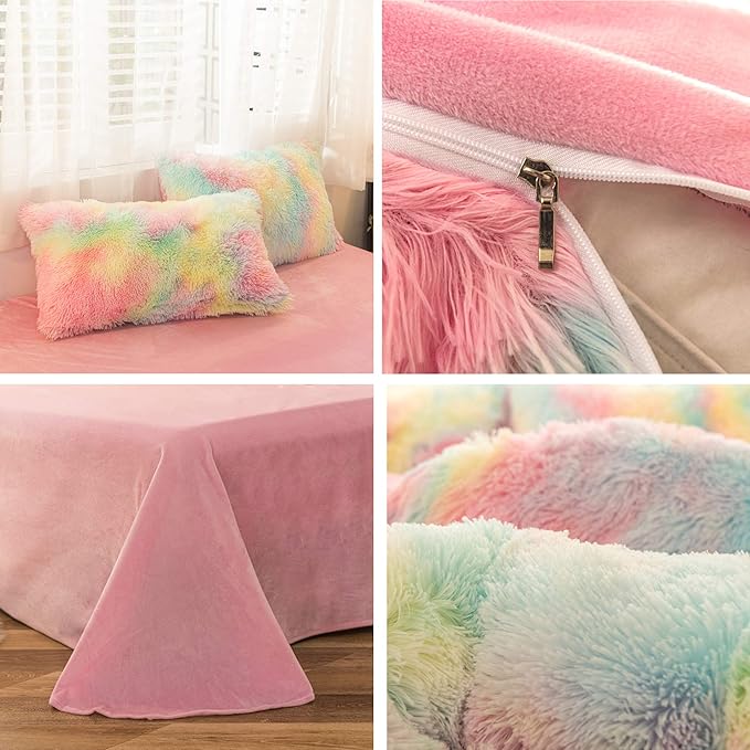 MorroMorn 5 PCS Plush Shaggy Duvet Cover Sets, Luxury Shag Fluffy Comforter Cover Fuzzy Bedding Set - Long Faux Fur Ultra Soft Cozy (Rainbow, Full/Queen)