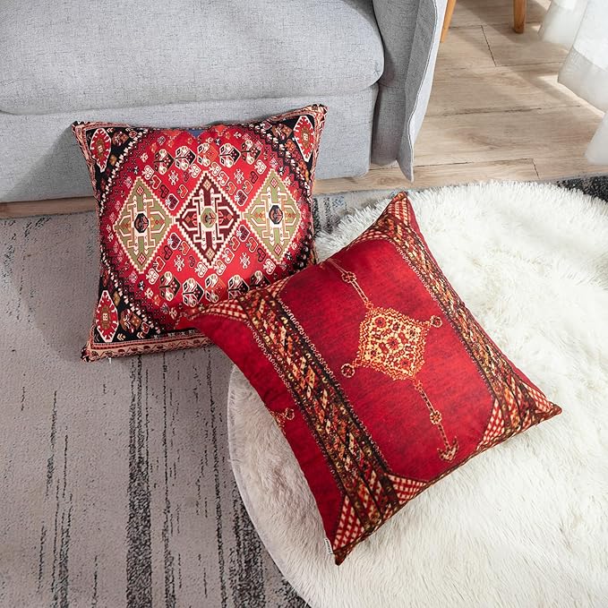 Britimes Throw Pillow Covers Geometric Kilim Moroccan Home Decor Set of 4 Oriental Ikat Pillow Cases Living Room Decorative 16 x 16 Inches Cushion Couch Sofa Pillowcases Colorful Red Tribal