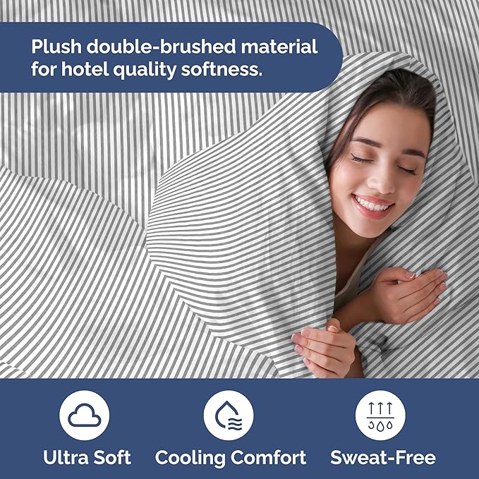 Duvet Cover Full Size Set - Extra Soft Full Size Duvet Cover 80 x 90 with 2 Pillow Shams - Hotel Luxury Easy Care and Fade Free w/Zipper Closures & Ties - Comfy Breathable Bedding Set (Grey Stripes)