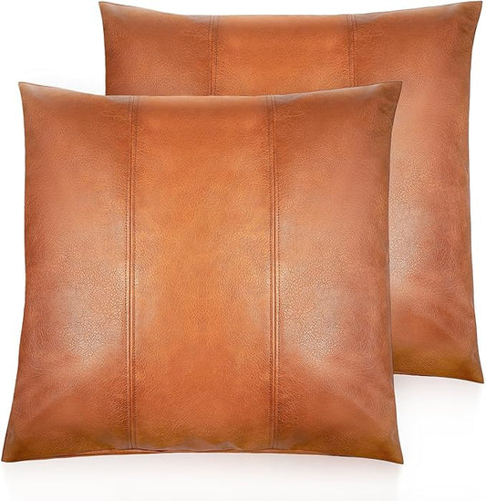 Faux Leather Throw Pillow Covers 22X22 Inch Set of 2 Brown Outdoor Modern Farmhouse Solid Decorative Pillow Covers for Room Couch Living Bedroom Bed Sofa