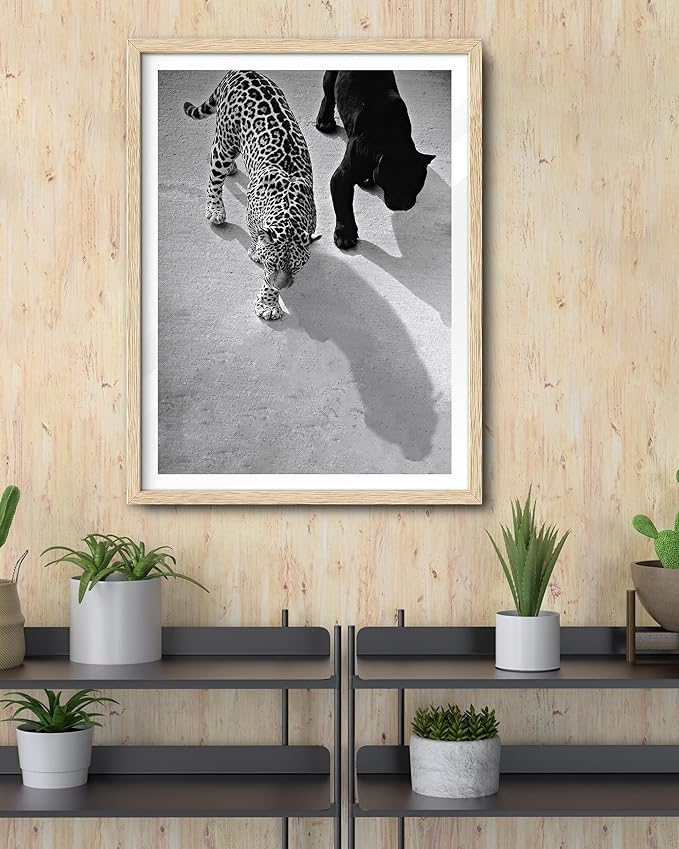 EcoHest Cheetah and Jaguar Walking Framed Wall Art, Large 16x20 in OAK Wood Vintage Black and White Funny Bathroom Canvas Art, Fashion 1950s Decor, Beige Logs Set of 1 for Bedroom Living Room