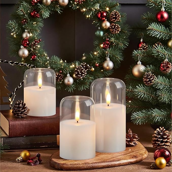 GenSwin Glass Flameless Candles with Remote Timer, Clear Battery Operated Candles with Flickering Flame, Glass and Real Wax LED Pillar Candle for Halloween Christmas Home Decor(Set of 3, D3”x4”5”6”)
