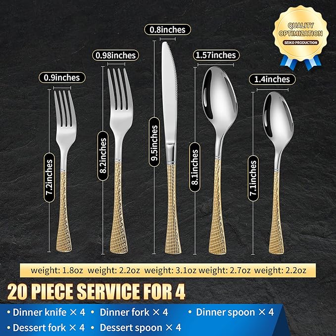 Hammered Silver Gold Silverware Set,20 Piece Modern Flatware Set Service for 4,Mirror Polished Stainless Steel Cutlery Set Utensil Set Tableware,Kitchen Knives Forks Spoons Set,Dishwasher Safe