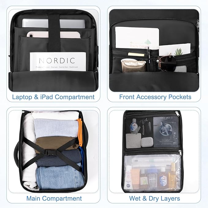 Travel Backpack, Carry on Flight approved Travel Bag with Multi-Pockets, Waterproof 17.3inch Laptop Backpack for Men Women, Black