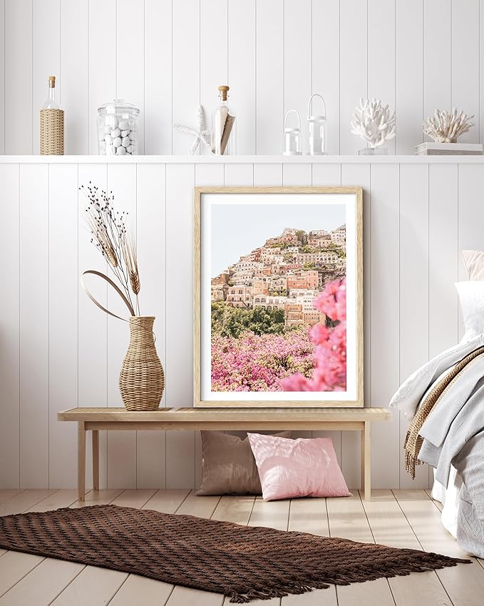 HesenDot Natural OAK Wood Amalfi Coast Framed Wall Art,12x16in Italy Beach Canvas Wall Print, Pink Flowers House Boho Wall Decor for Living Room,Bedroom,Office Gallery Gifts Set of 1