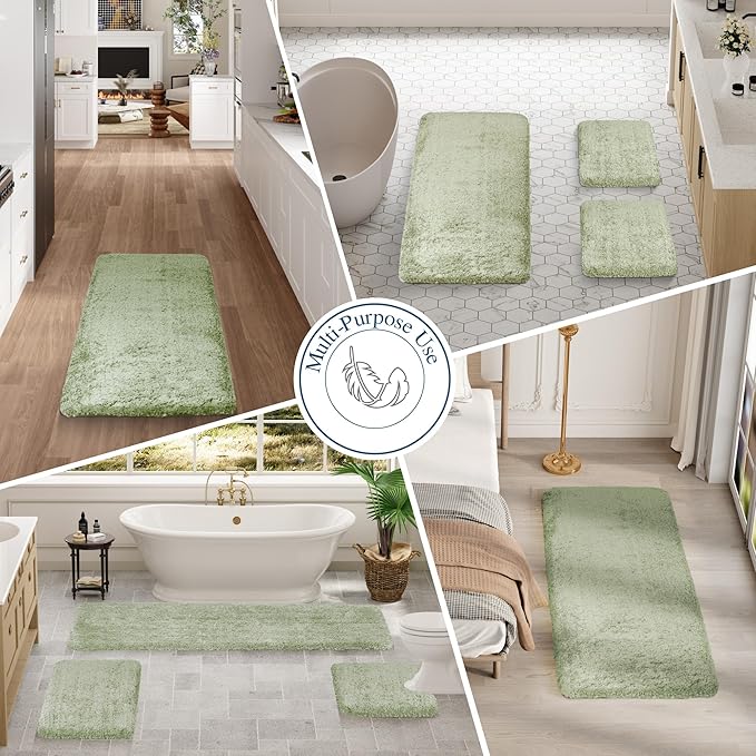 Walensee Bathroom Contour Rug (20x24, Pale Green) Non Slip Bath Mat for Bathroom Water Absorbent Soft Polyester Shaggy Machine Washable Bath Rug U Shape Toilet Rug