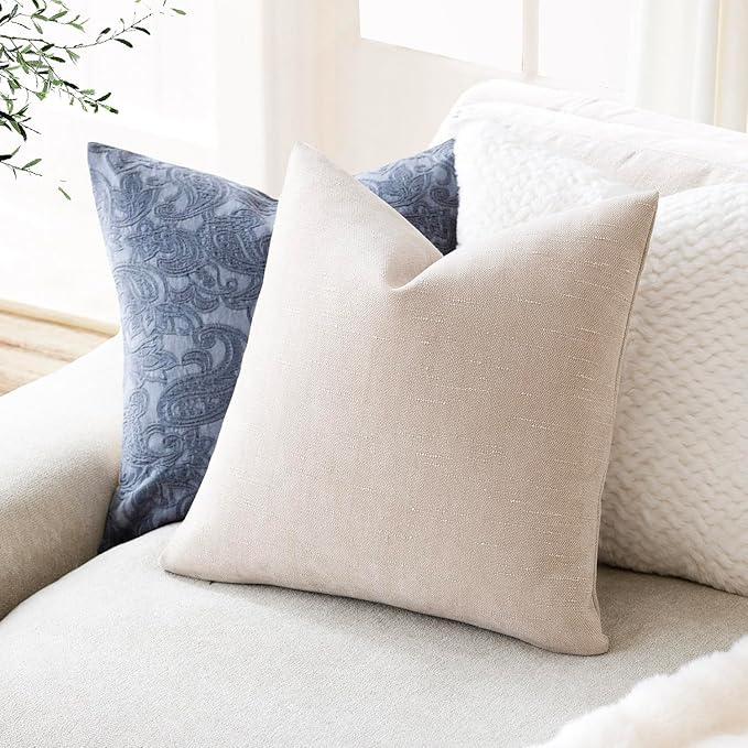 Foindtower Pack of 2 Soft Textured Throw Decorative Pillow Covers Square Accent Solid Cushion Cover Cozy Farmhouse Pillow Case with Zipper for Couch Sofa Bedroom Living Room 24x24 Inch, Light Beige