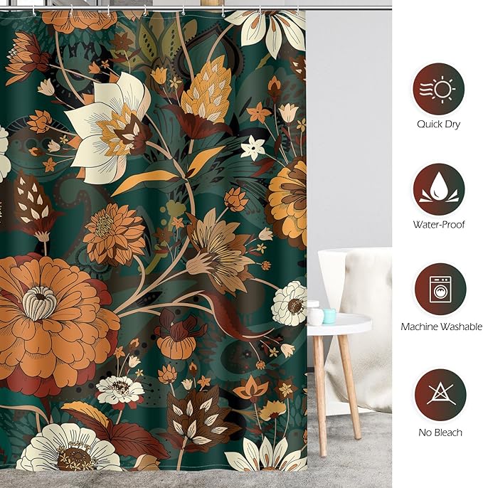 Aimego Stall Small Shower Curtain - Boho Floral Dark Green Bohemian Chic Flowers Botanical Leaves Narrow Half Fabric Cloth Shower Curtain Set for Bathroom Decor Accessories Bath Curtain, 36"x72"