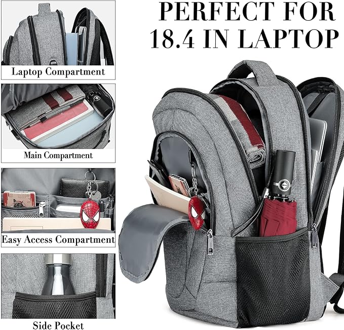 BIKROD 45L Extra Large Travel Laptop Backpack for Men and Women, Carry on Back Pack with USB Charging Port Fit 18.4 IN Laptop, Grey, Gift