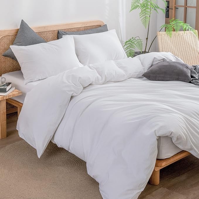 BESTOUCH Duvet Cover Set 100% Washed Cotton Linen Feel Super Soft Comfortable Chic Lightweight 3 PCs Home Bedding Set Solid Bright White Super King