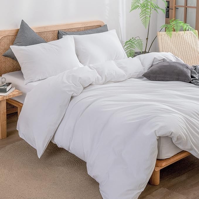 BESTOUCH Duvet Cover Set 100% Washed Cotton Linen Feel Super Soft Comfortable Chic Lightweight 3 PCs Home Bedding Set Solid Bright White King